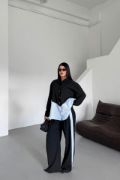 POLYVİSKON - POPLİN PARÇALI GÖMLEK PANTOLON TAKIM - Siyah resmi